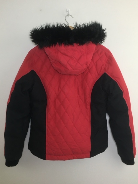 Harley Davidson | Red Quilted Hooded Jacket with Black Panels and Faux Fur - Picture 9 of 14